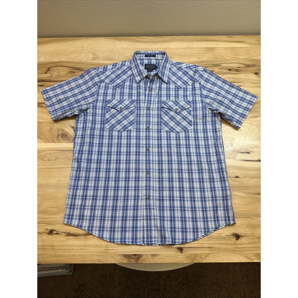 Pendleton Frontier Men Short Sleeve Pearl Snap Button Up Blue Plaid Size Large